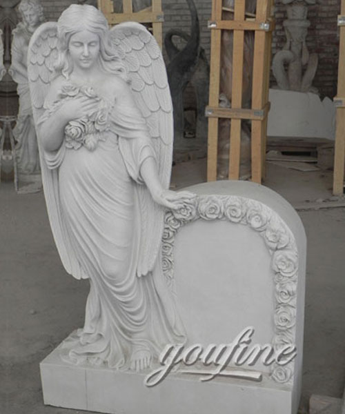 European style cemetery white marble angel tombstone with flower carved