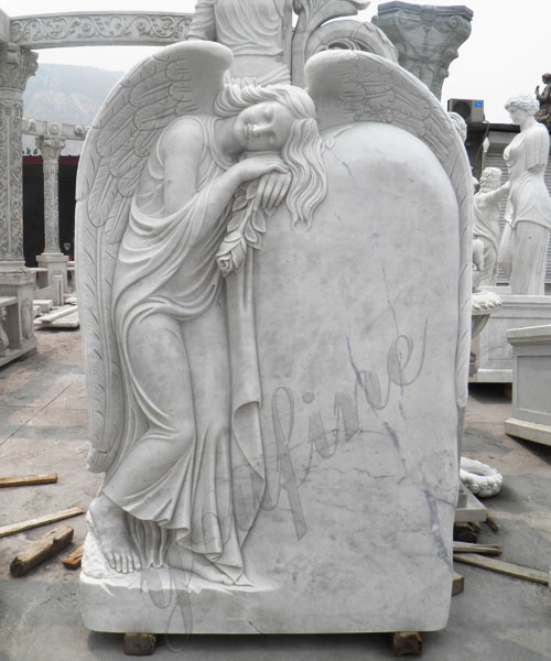 White-marble-angel-hold-pigeon-sittinf-on-bench-headstones-for-sale